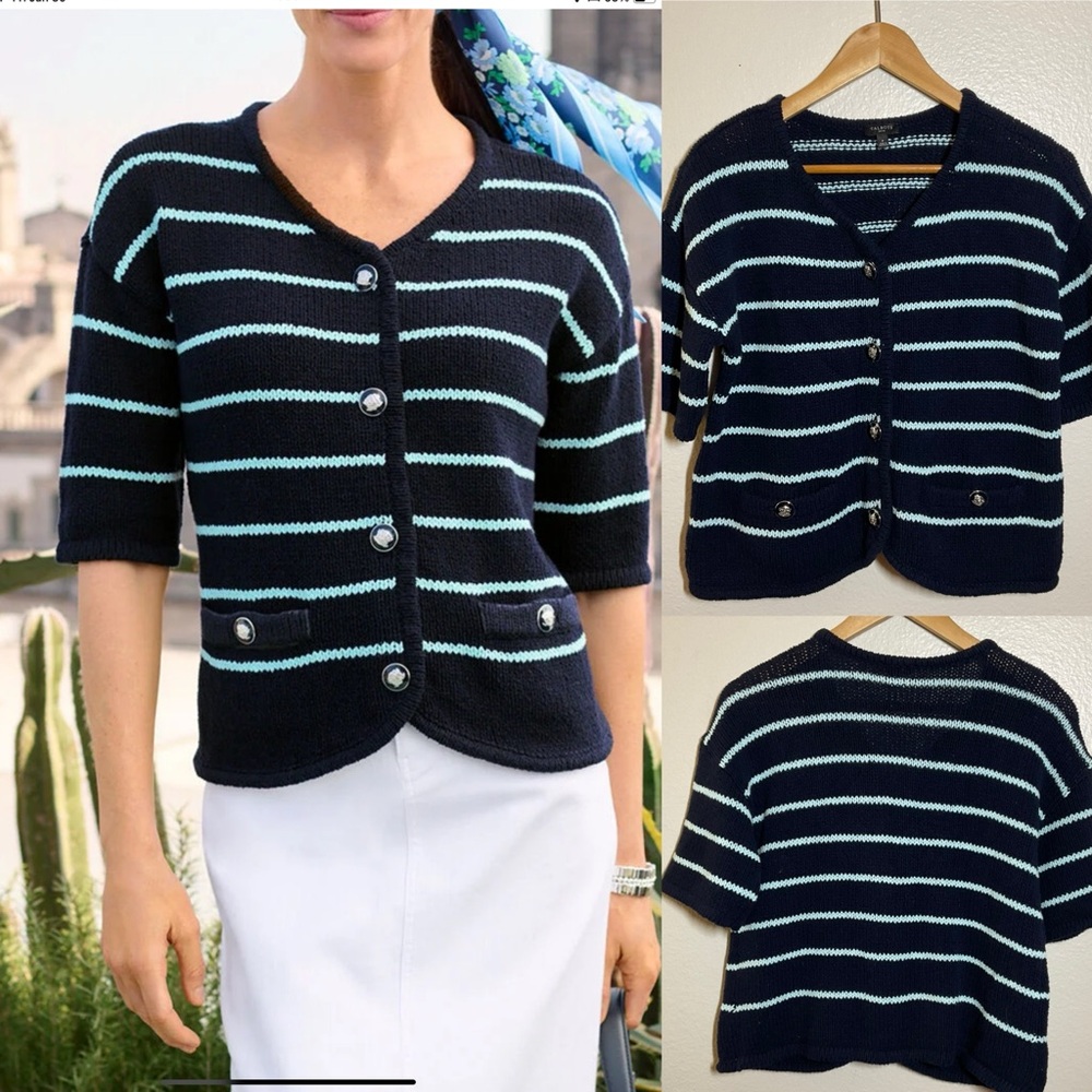 TALBOTS ELBOW SLEEVE BUTTON DOWN‎ CARDIGAN SWEATER LIGHT BLUE STRIPE SIZE P